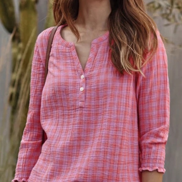 J. Jill Cotton Gauze Checkered Partial Button-Down Tunic Pink and Orange Size LP - Picture 2 of 6